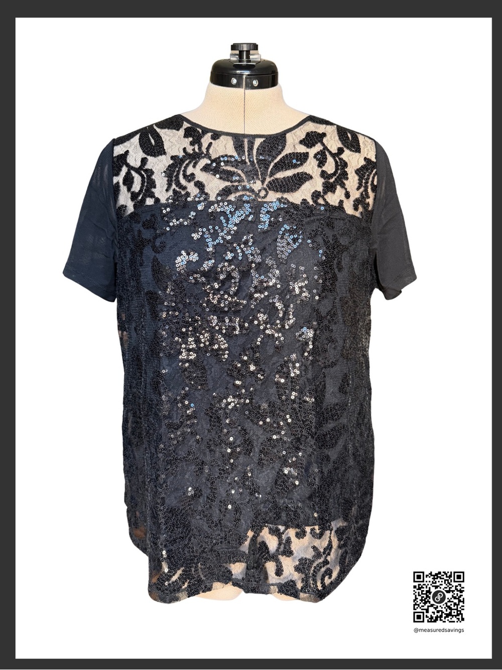 Sz 0X - INC International Concepts Black Lace Sequin Short Sleeve Blouse